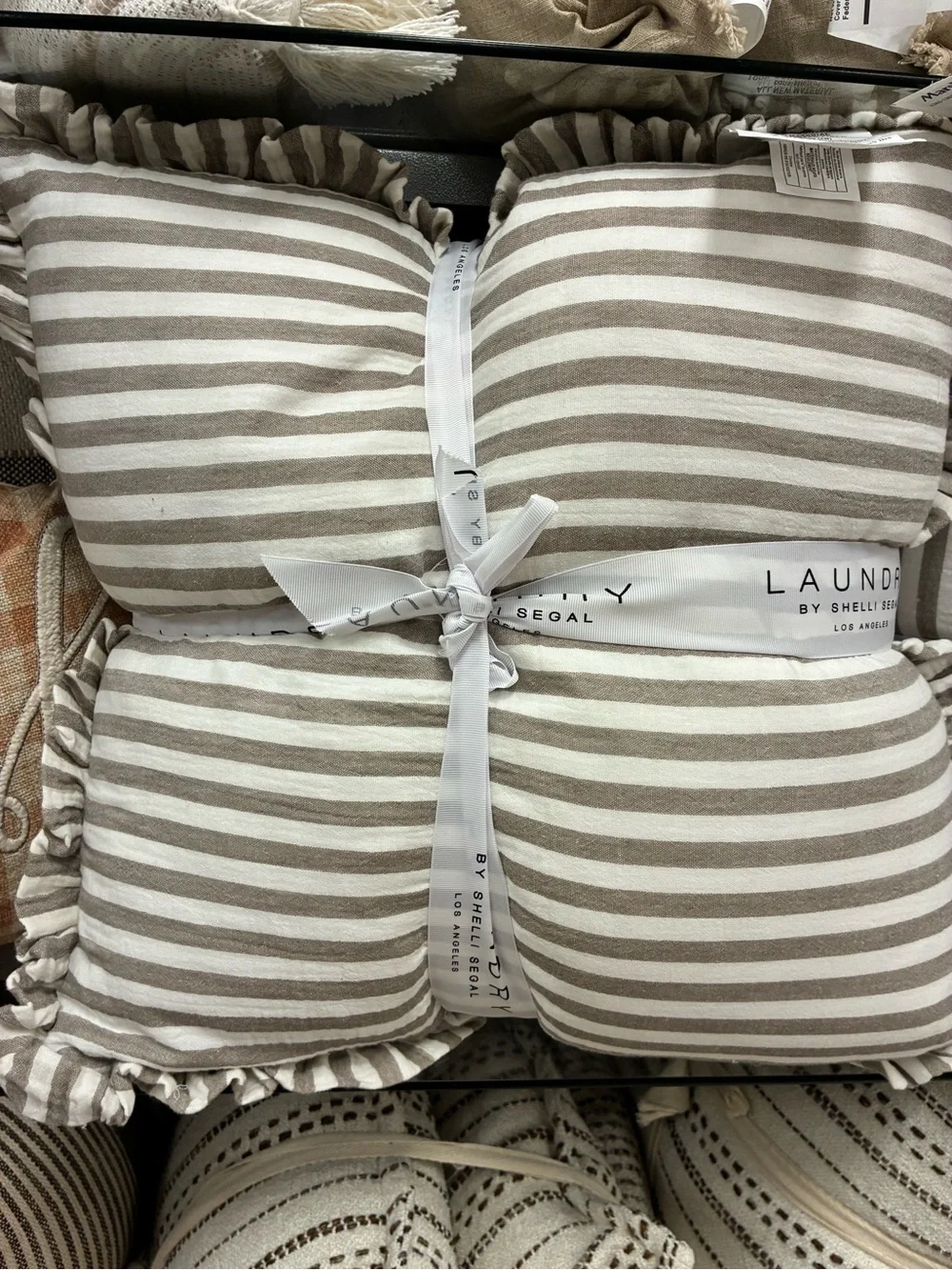 Laundry By Shelli Segal Taupe and White Striped Ruffled Throw Pillow